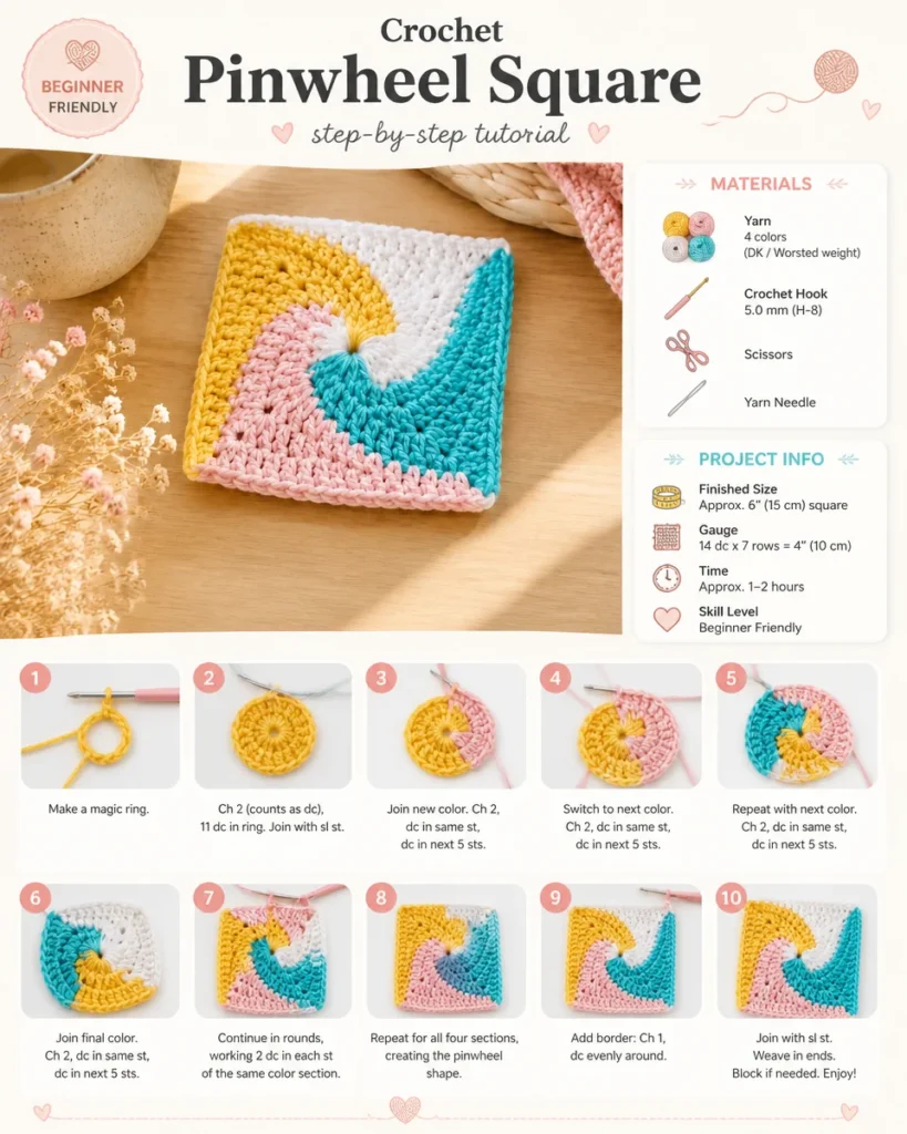 Colorful Crochet Pinwheel Square pattern showcasing intricate stitches