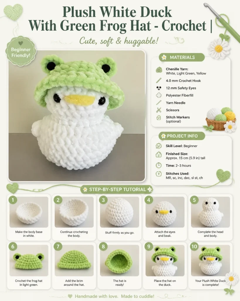Crochet plush duck with green frog hat, small white duck toy