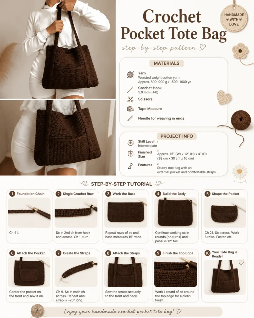 Handmade crochet pocket tote bag ideal for everyday use and shopping.