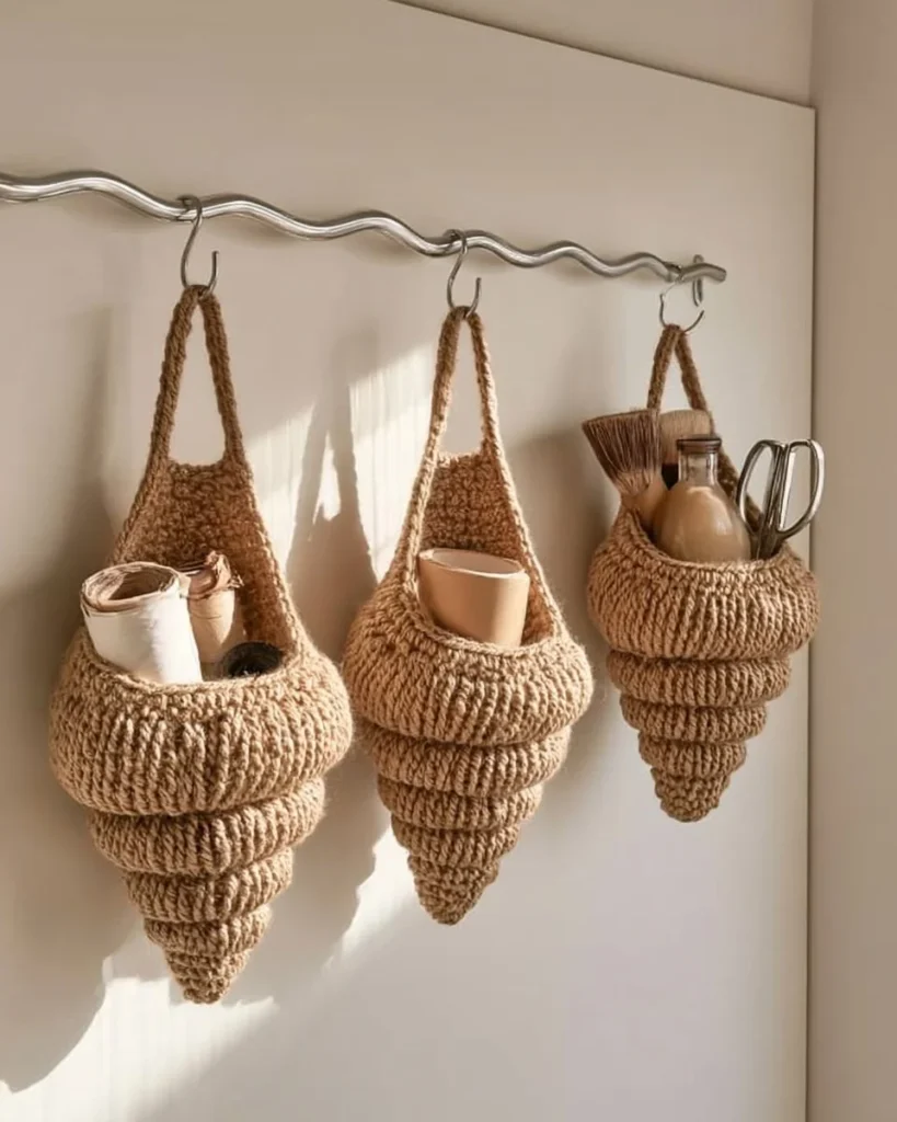 Crochet shell baskets for stylish bathroom storage and organization