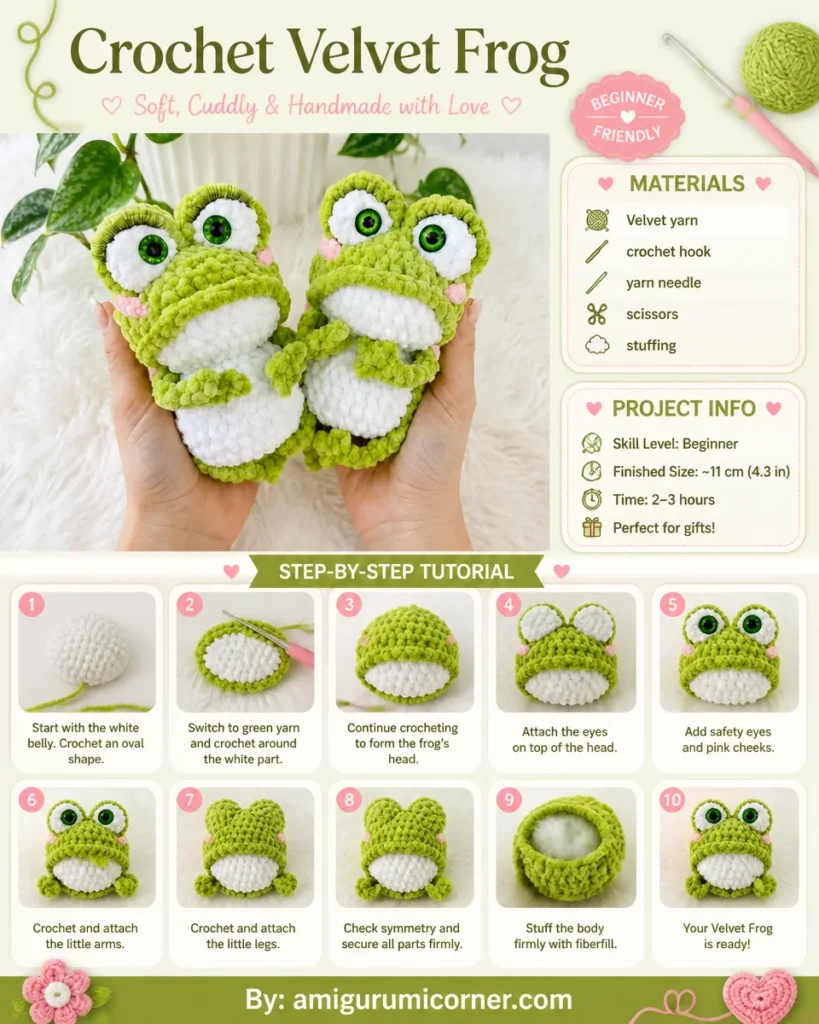Crochet velvet frog plush amigurumi toy pattern for soft handmade craft