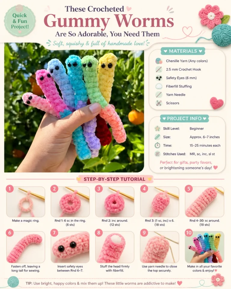 Colorful crocheted gummy worms in various sizes and patterns
