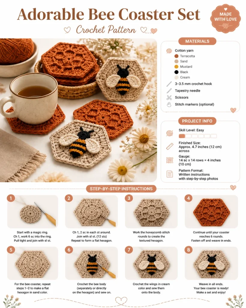 Cute bee coaster set featuring adorable bee designs for home and bar