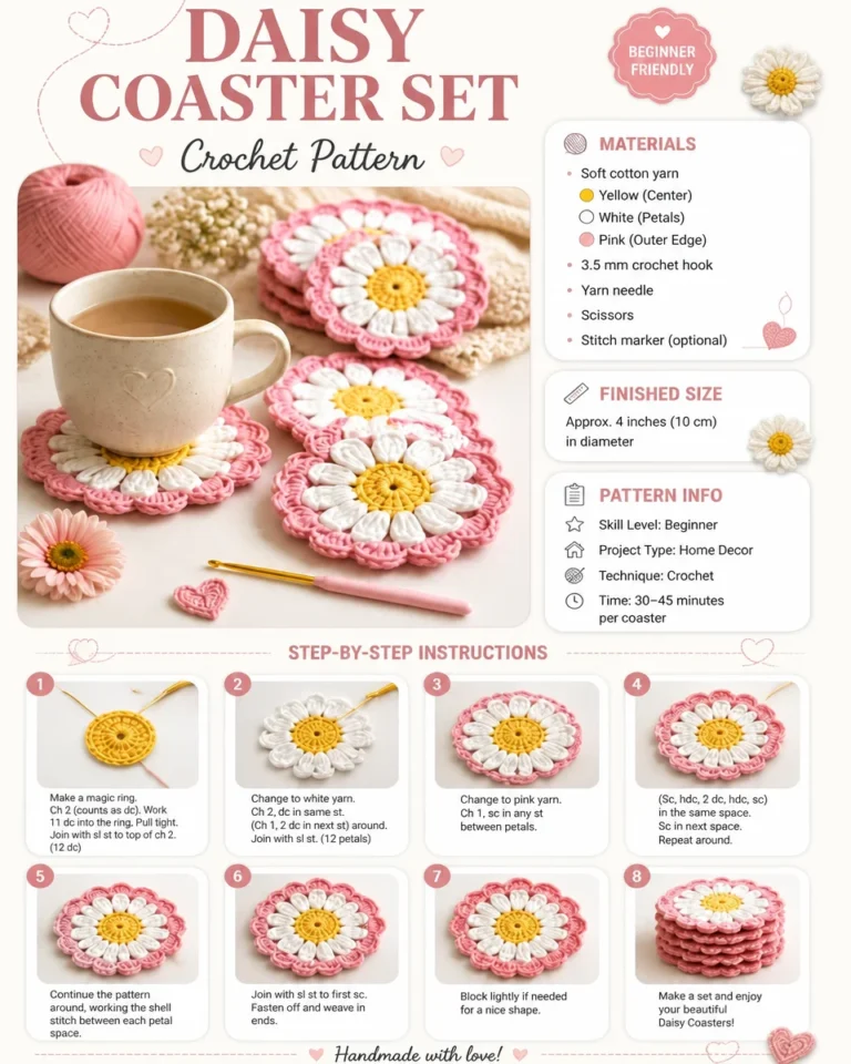 Daisy floral coaster set, perfect for home decor and stylish dining.