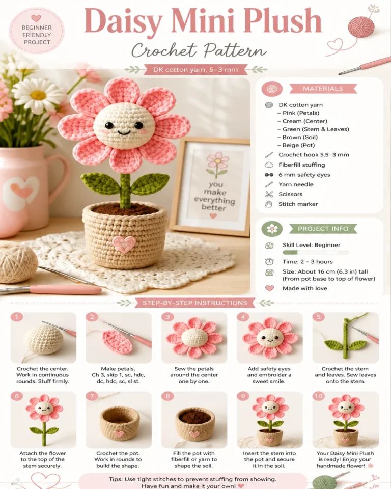 Daisy Mini Plush crochet pattern tutorial showcasing colorful crochet flowers.