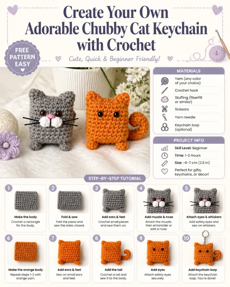 Crochet tutorial for an adorable chubby cat keychain.