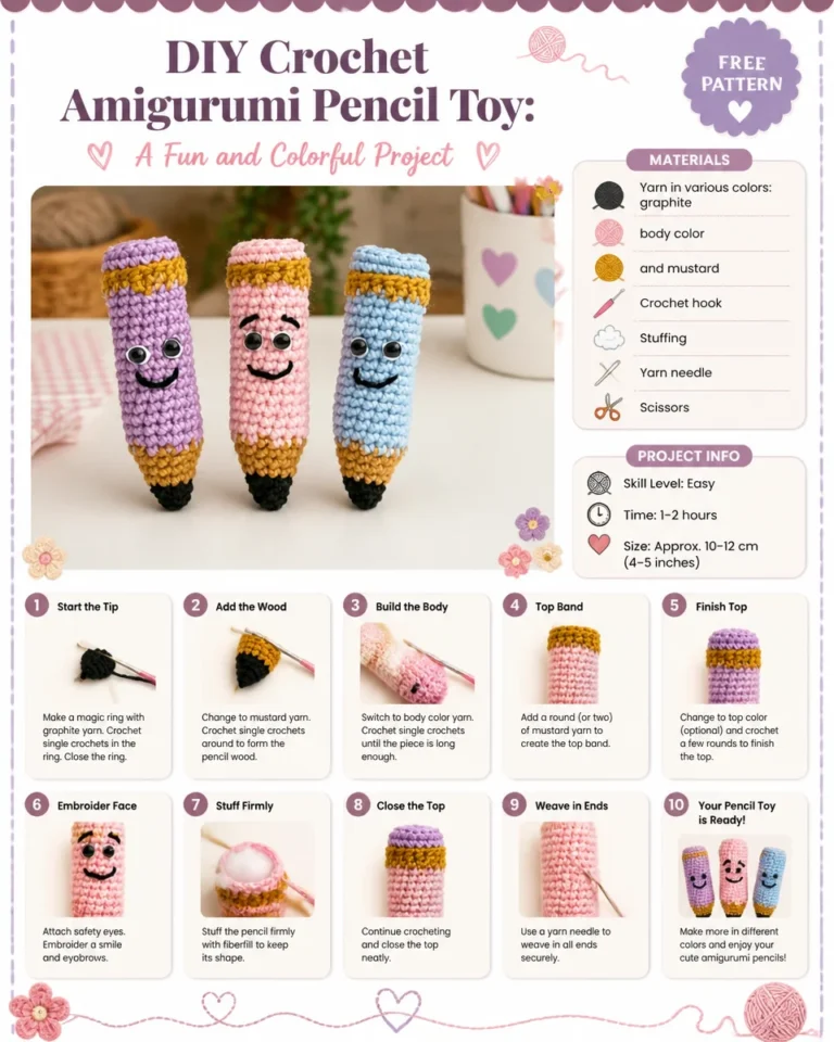 Colorful crochet amigurumi pencil toy DIY craft project