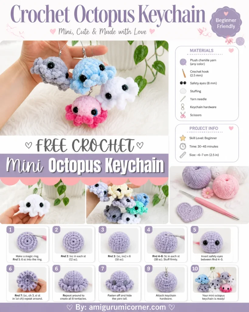 DIY crochet octopus keychain tutorial showing completed octopus design.
