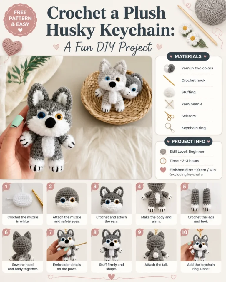 DIY crochet plush husky keychain tutorial with step-by-step instructions