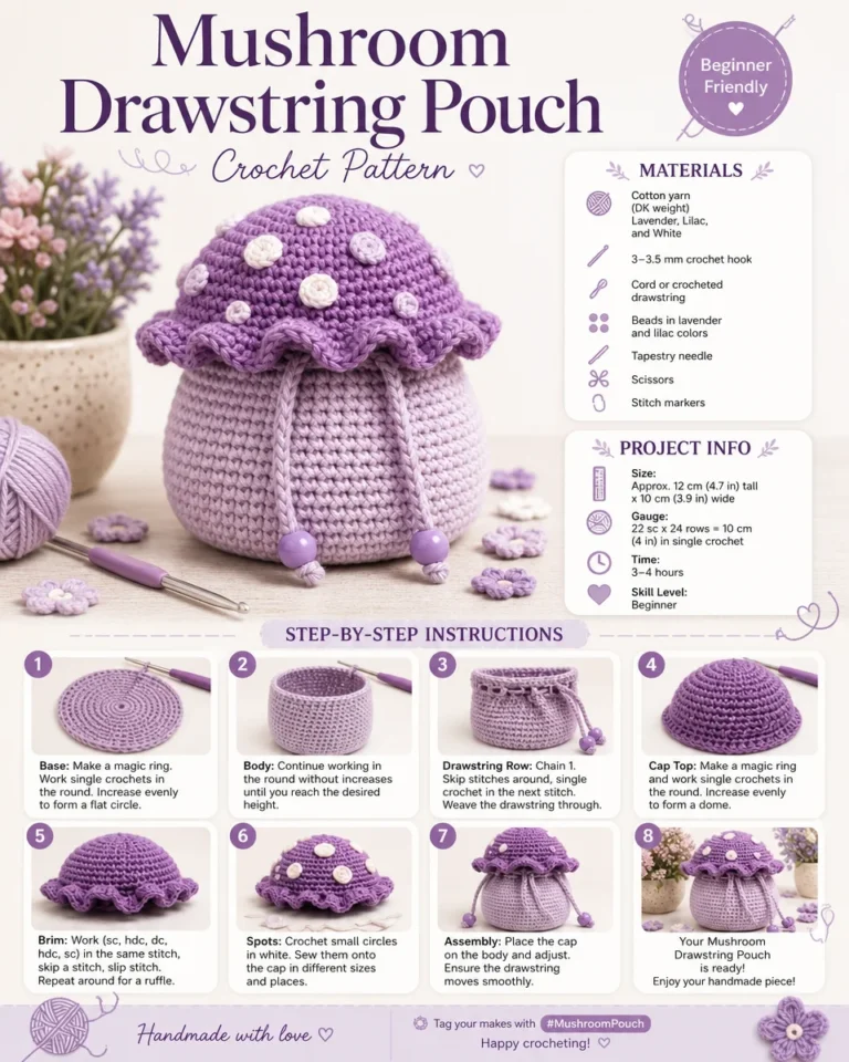 DIY mushroom drawstring pouch pattern tutorial with step-by-step instructions.