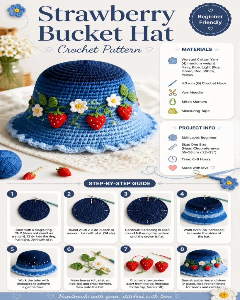 DIY strawberry bucket hat tutorial featuring a colorful handmade design.