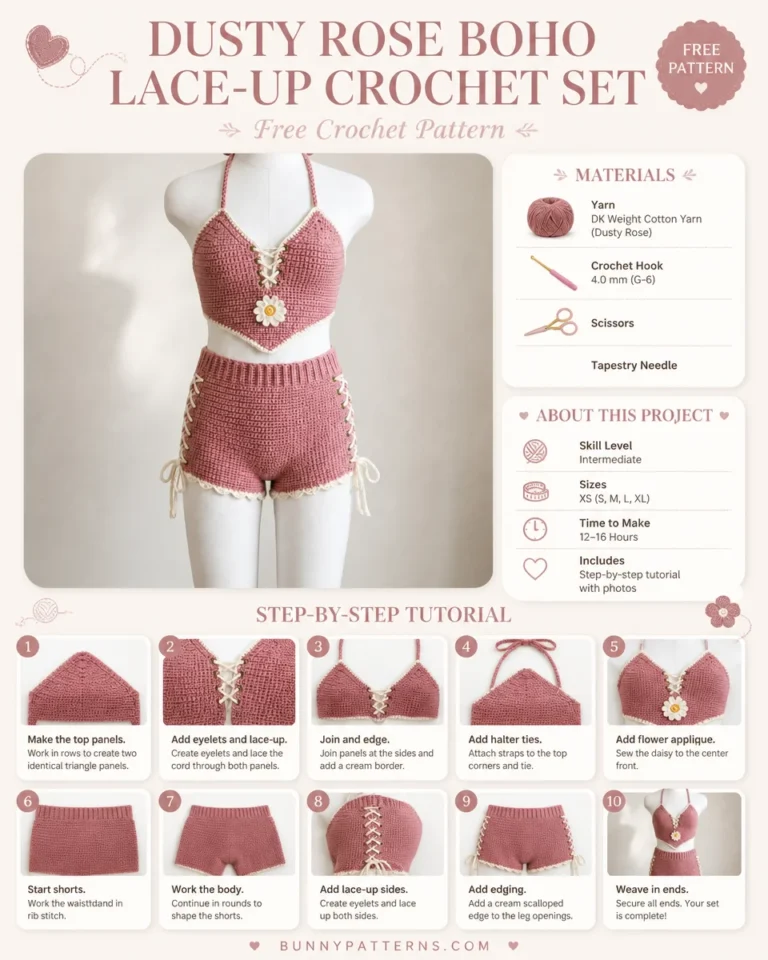 Dusty Rose Boho Crochet Set with stylish lace-up design for a trendy look.