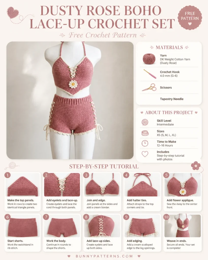 Dusty Rose Boho Crochet Set with stylish lace-up design for a trendy look.