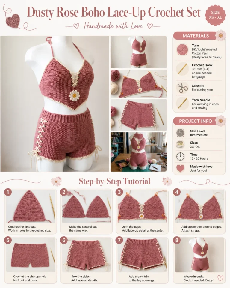 Dusty Rose Boho Crochet Set featuring a stylish lace-up design.