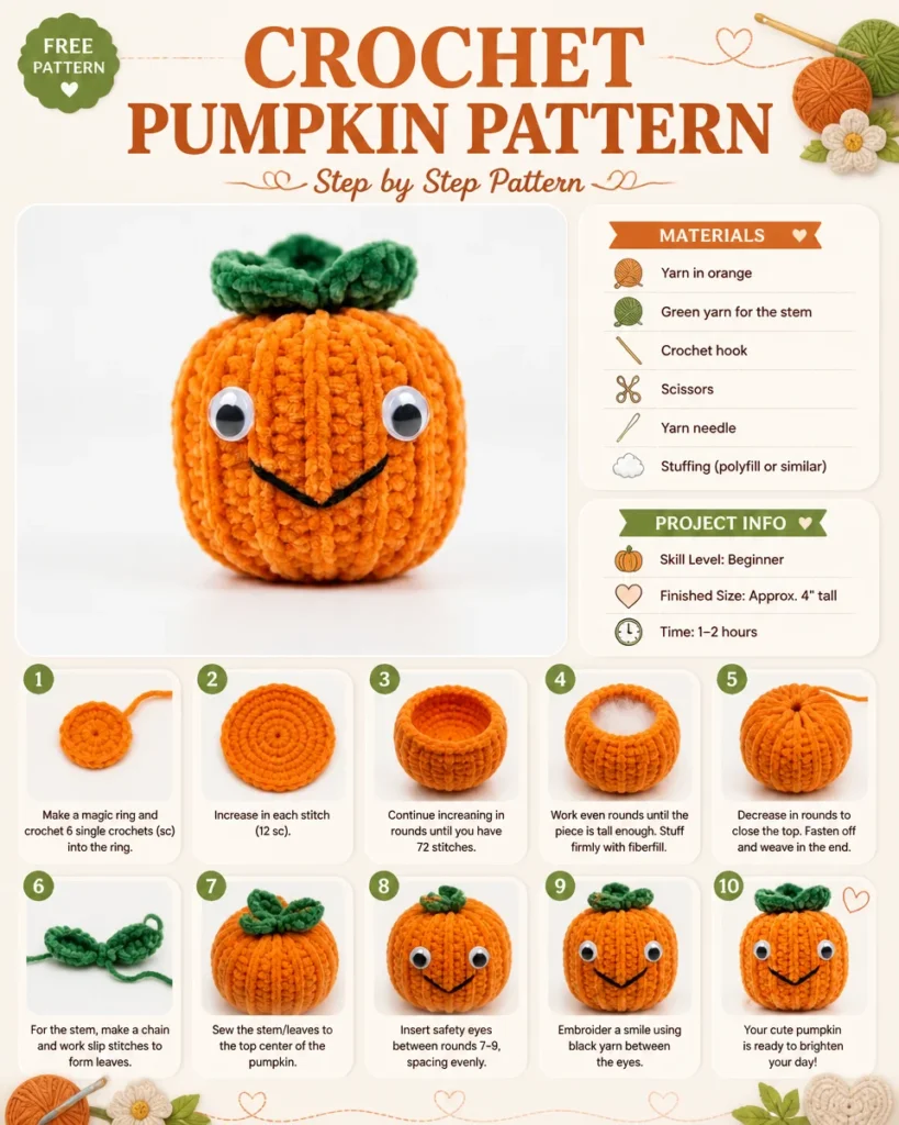 Cozy autumn crochet pumpkin crafted from yarn, ideal for seasonal decor.