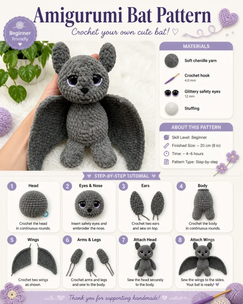 Easy crochet amigurumi bat pattern for beginners with simple instructions