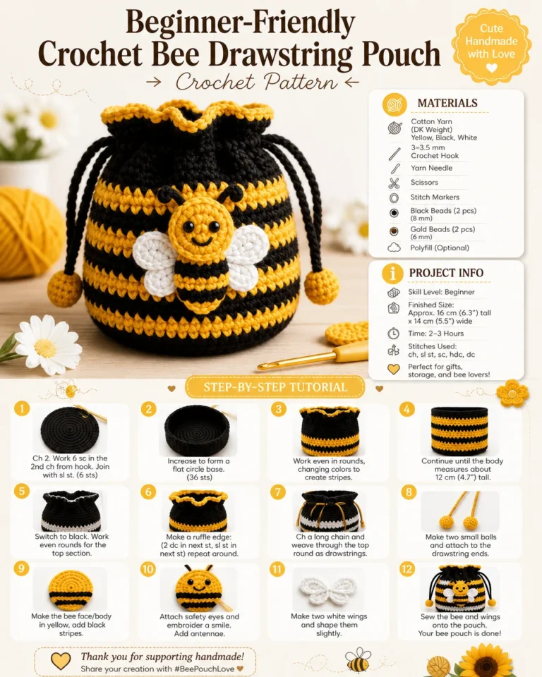 Easy crochet bee drawstring pouch for beginners