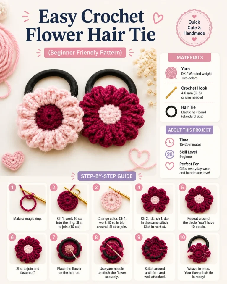 Easy crochet flower hair tie pattern for beginners.