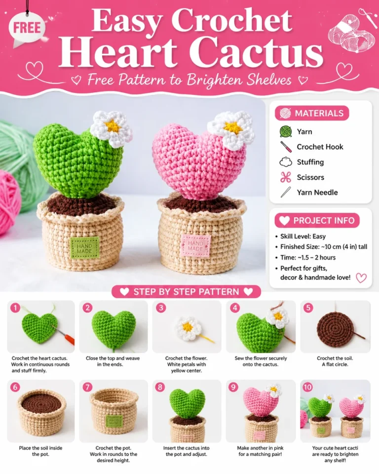 Easy crochet heart cactus pattern for home decor