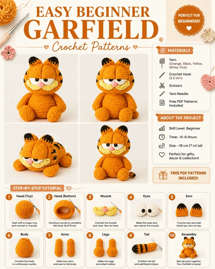 Easy Garfield crochet patterns for beginners showcased in colorful yarn.