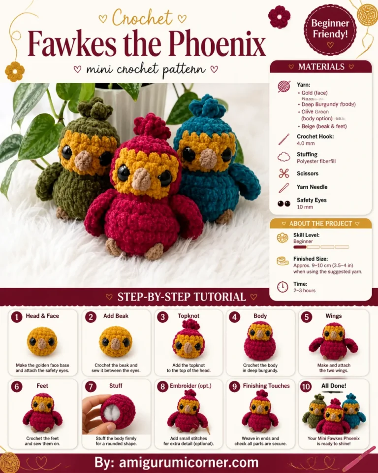 Fawkes-inspired Phoenix crochet pattern showcasing vibrant colors and intricate design.