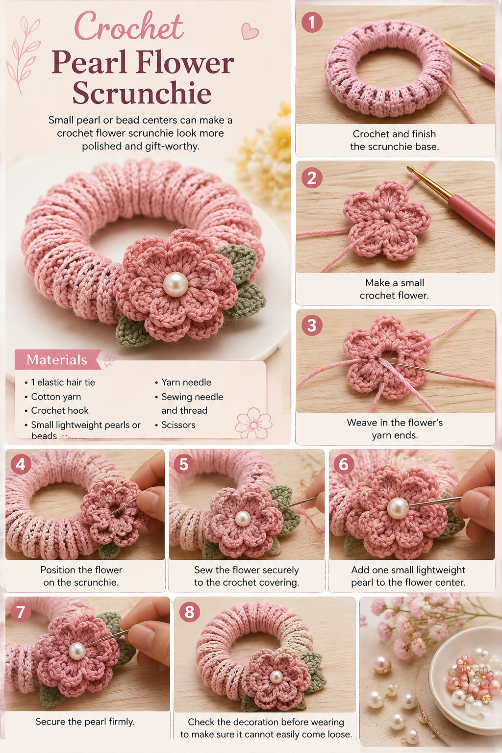 8. Crochet Pearl Flower Scrunchie