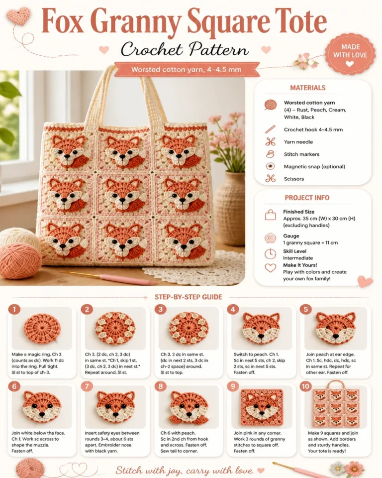 Fox-themed granny square tote showcasing colorful crochet design