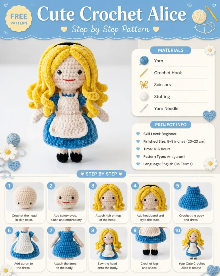 Free Alice crochet pattern for beginners with step-by-step instructions.