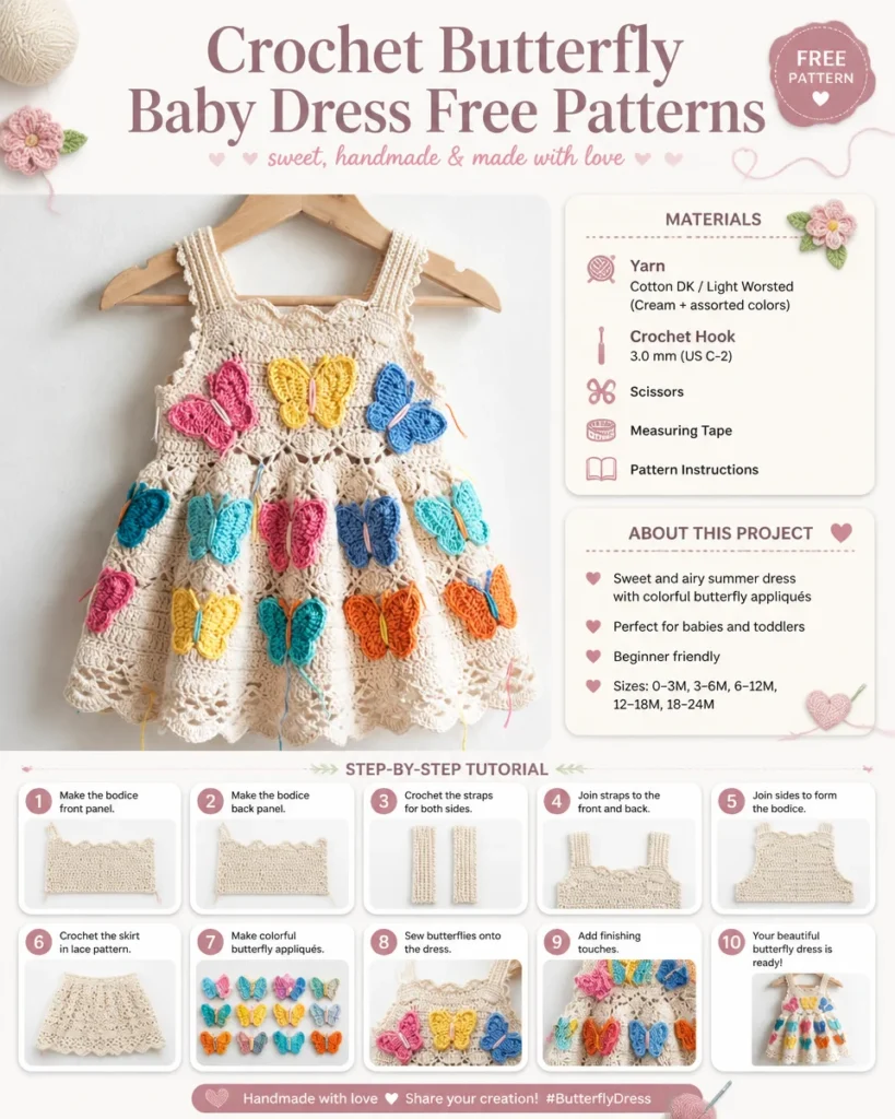 Crochet butterfly baby dress pattern for cute and stylish children's clothing.