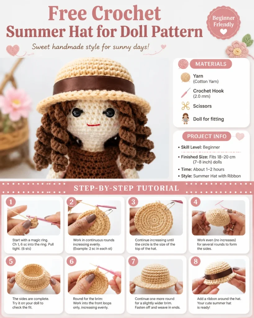 Free crochet doll summer hat pattern for stylish handmade dolls