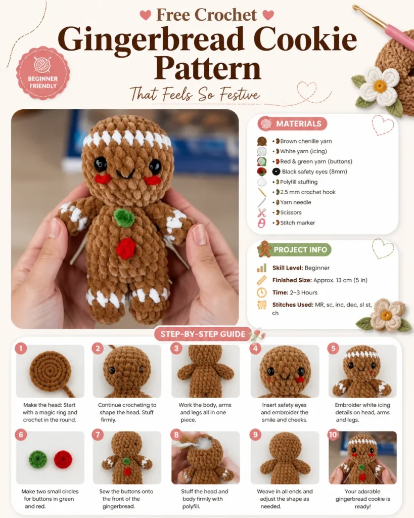 Crocheted gingerbread cookie pattern for festive holiday crafting