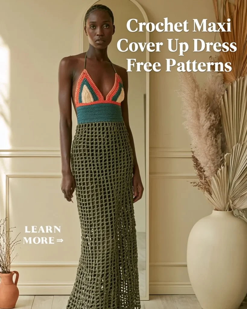 Woman wearing a stylish crochet maxi dress cover-up on the beach.