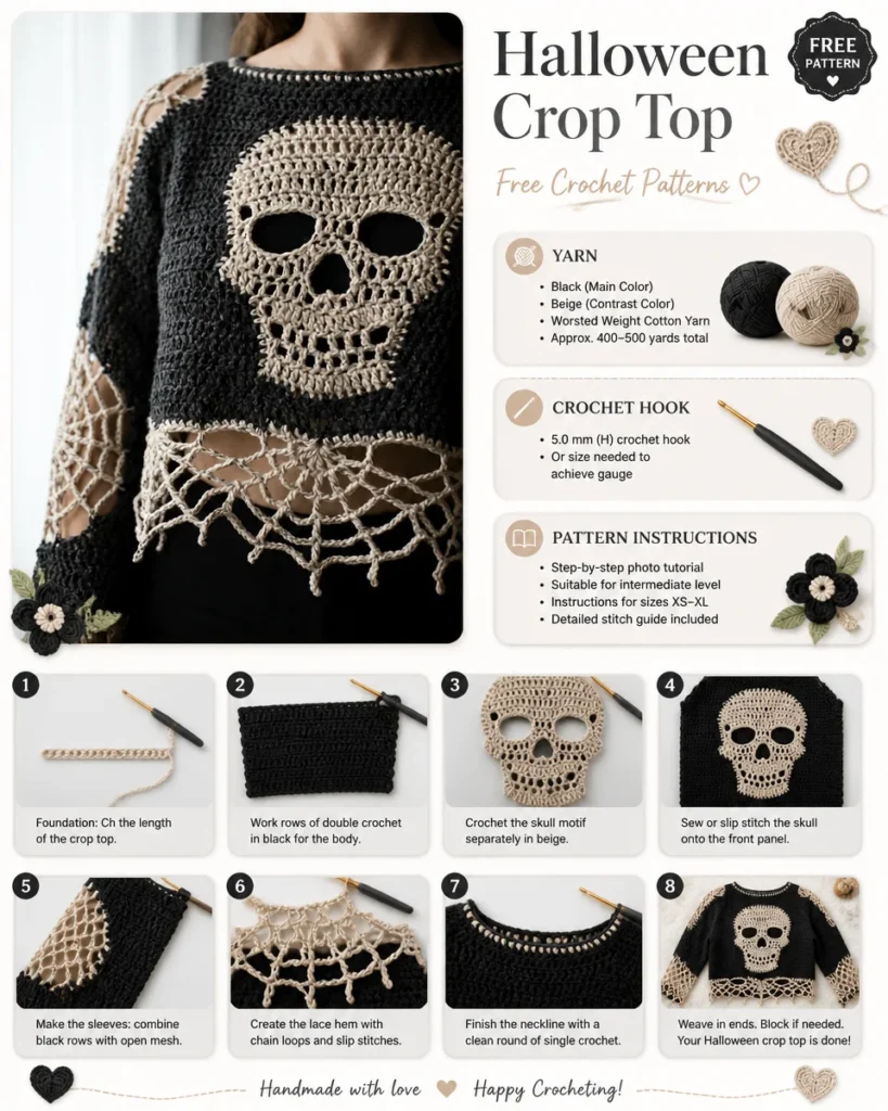 Colorful crochet crop tops designed for Halloween festivities.
