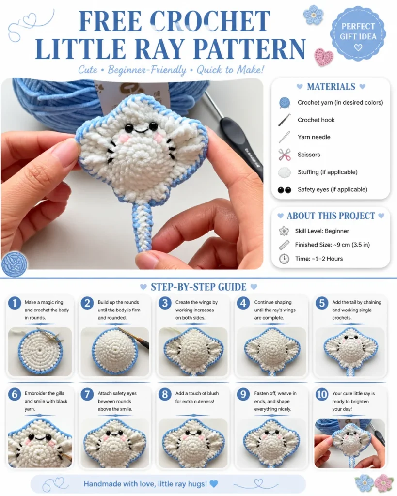 Crochet Tiny Ray Amigurumi Pattern - Cute handmade stuffed toy