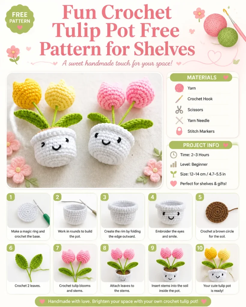Free crochet tulip pot pattern for beautiful shelf decor