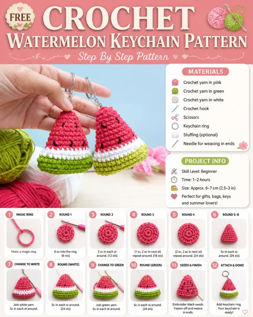 Crochet watermelon keychain pattern tutorial with colorful yarn