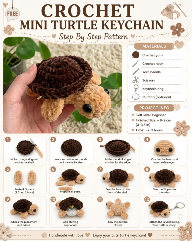 Crocheted mini turtle keychain pattern tutorial