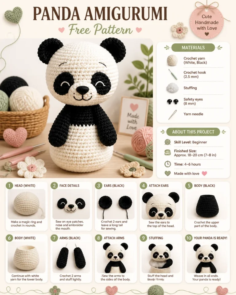 Crochet panda amigurumi pattern featuring an adorable plush panda toy
