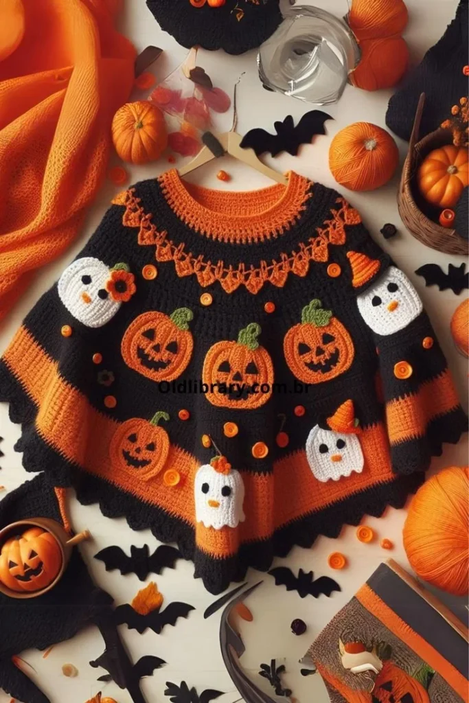 Colorful Halloween Crochet Poncho pattern for seasonal crafting