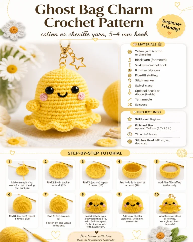 Crochet Halloween ghost bag charm pattern for festive decoration