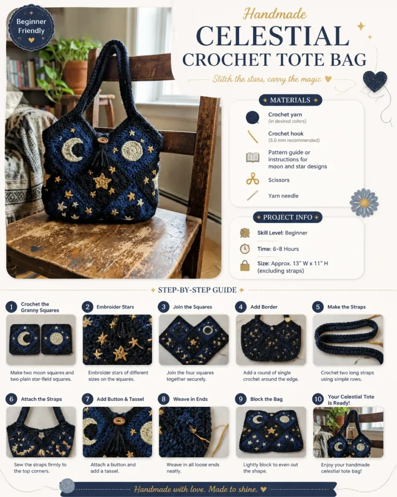Handmade celestial crochet tote bag with moon and star patterns