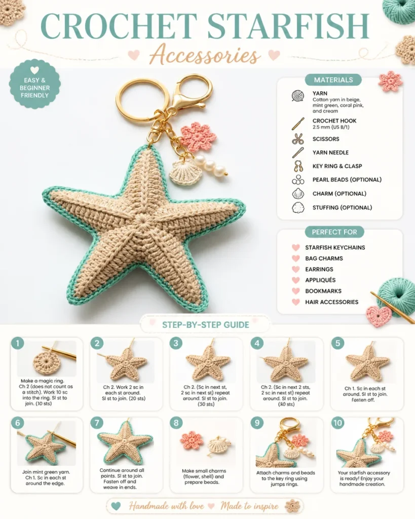 Handmade crochet sea star accessories for beach-themed jewelry and decor
