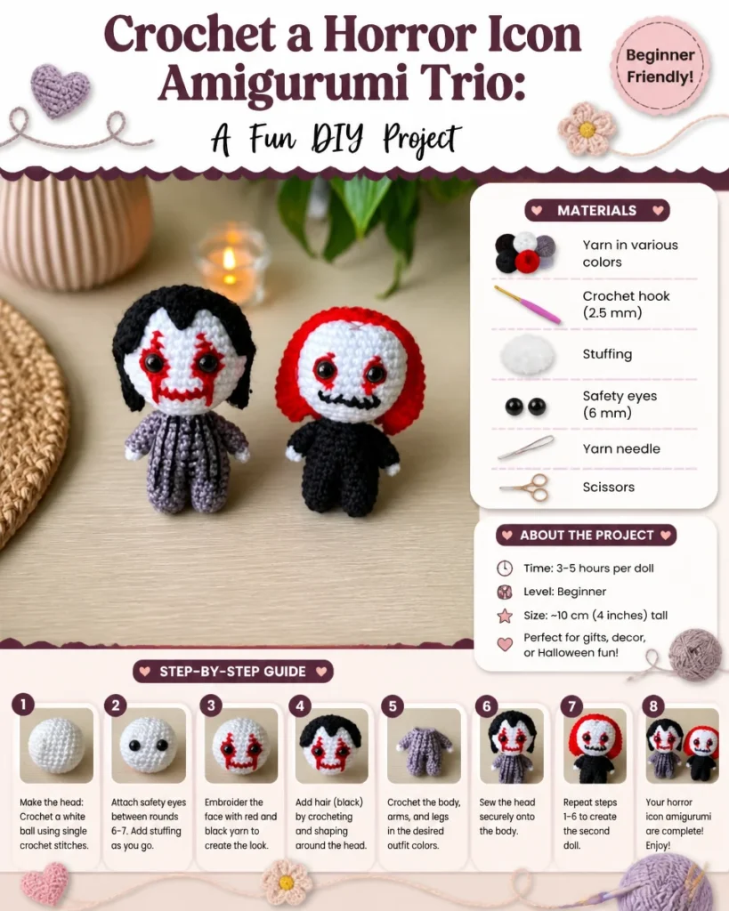 Crochet amigurumi horror icon trio DIY project
