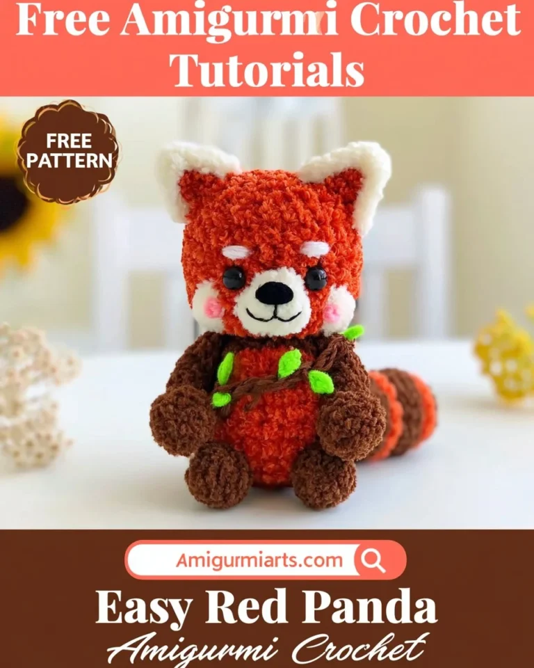 Crocheted red panda amigurumi in vibrant yarn colors