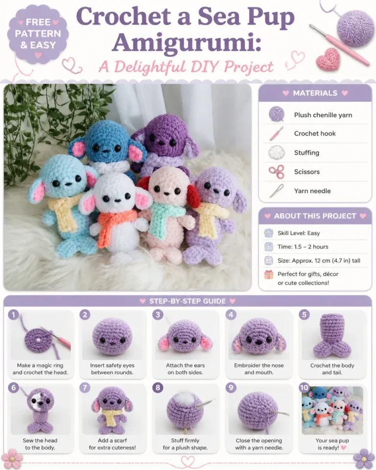 Crochet sea pup amigurumi tutorial with colorful yarn and tools