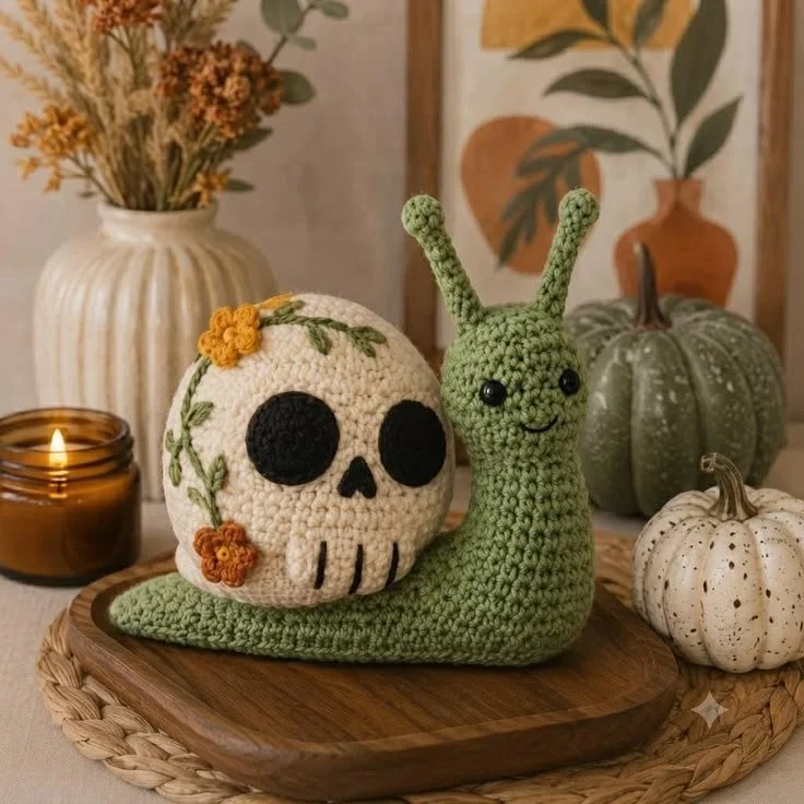 Colorful sugar skull snail amigurumi crocheted toy design.