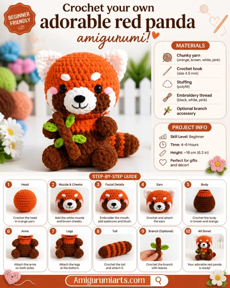 Crocheted red panda amigurumi, handmade plush toy tutorial