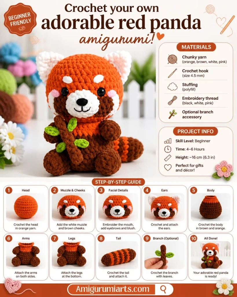 Crocheted red panda amigurumi, handmade plush toy tutorial