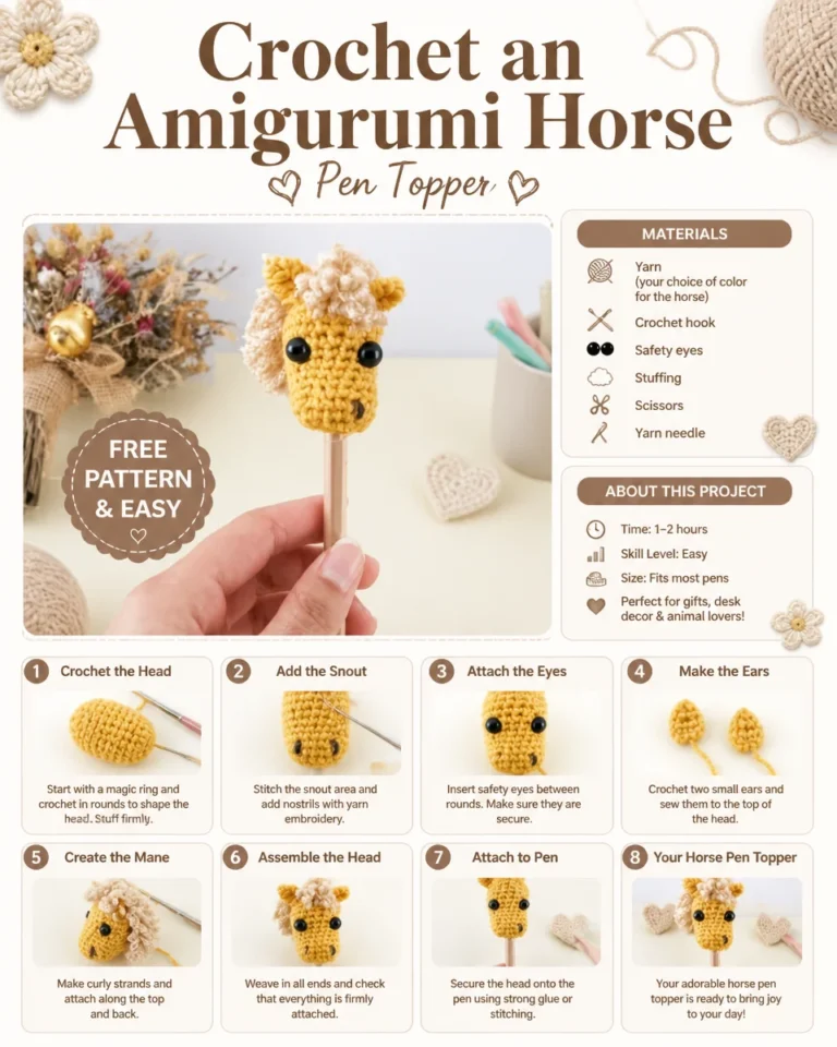 Crocheted amigurumi horse pen topper in vibrant colors.
