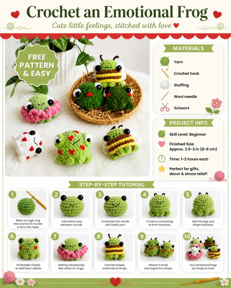Crochet emotional frog tutorial showing step-by-step instructions.